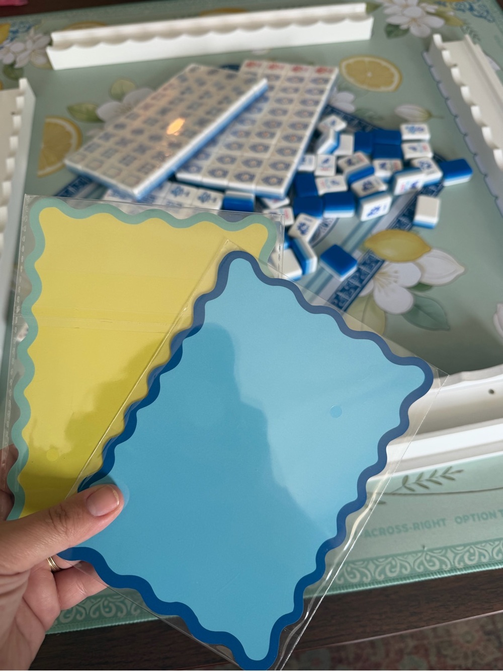 Mahjong Set - Blue and White with green/lemon Tiles, Mat, Wooden Racks - Picture 13 of 16